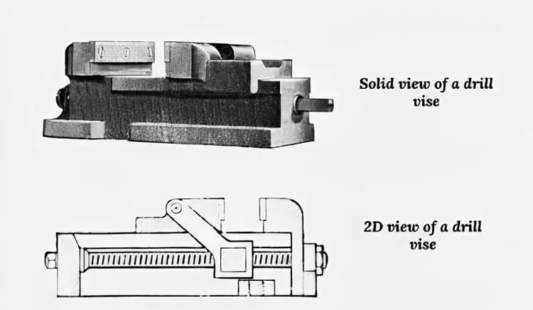 solid and 2d view of drill vise